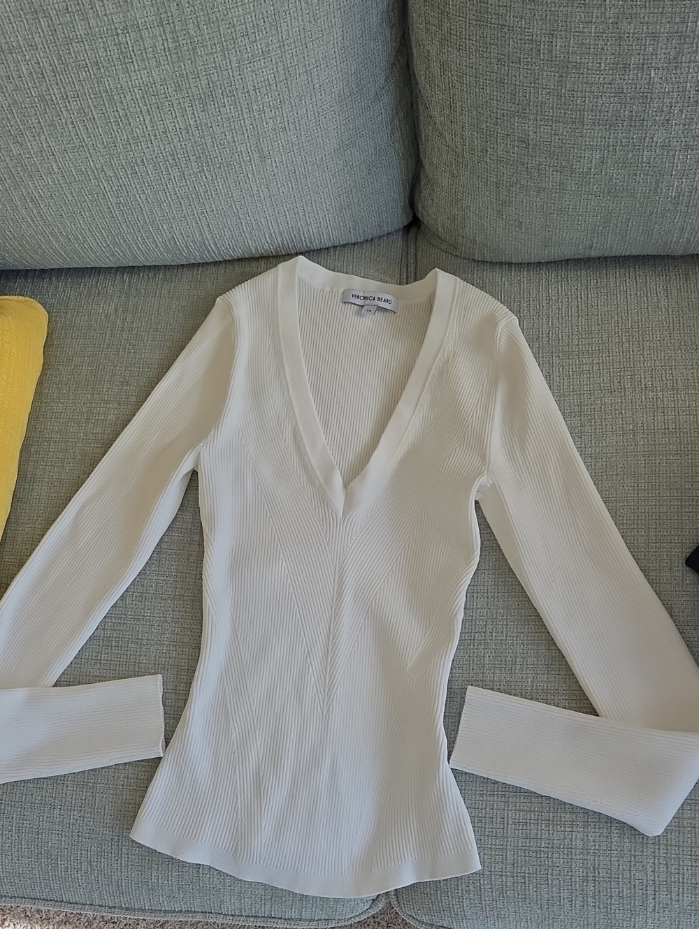 Veronica Beard White Ribbed V-Neck Long Sleeve Top